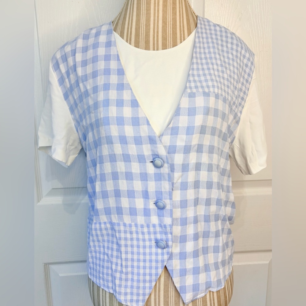 Vintage 80s Blue Gingham Grandmacore Vest Top Cottagecore USA Union Made~M